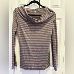 Ibex Women's Merino Cowl Neck Sweater - Light Mauve and Gray Stripes